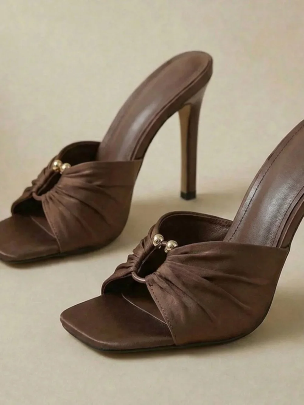 Brown Ruched Slide Sandals with Gold Ring Detail
